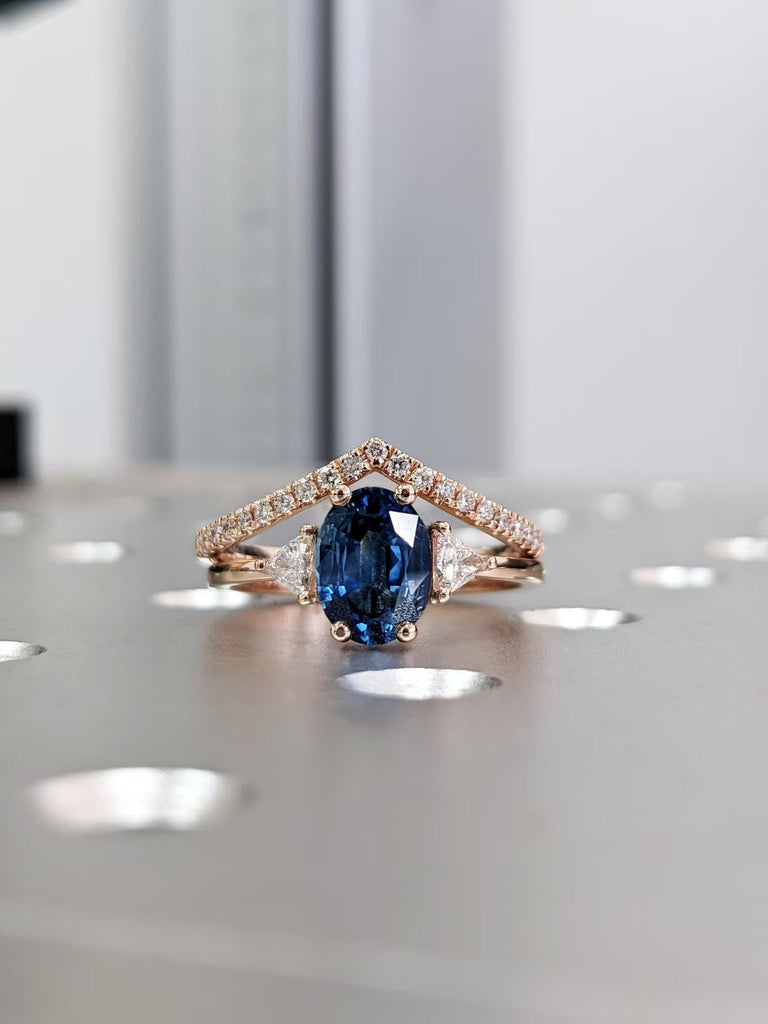 Oval Blue Lab Sapphire 3 Stone Women Engagement Proposal Ring Set | 14K Rose Gold Chevron Curve Diamond Wedding Band | Alternative Bridal