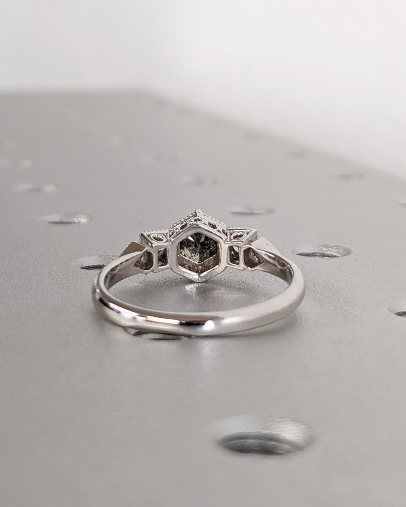 Galaxy Raw Salt and Pepper Diamond Ring- Round Cut Diamond Engagement Ring Sets- Unique Bridal Geometric Diamond Promise Ring Milgrain Band