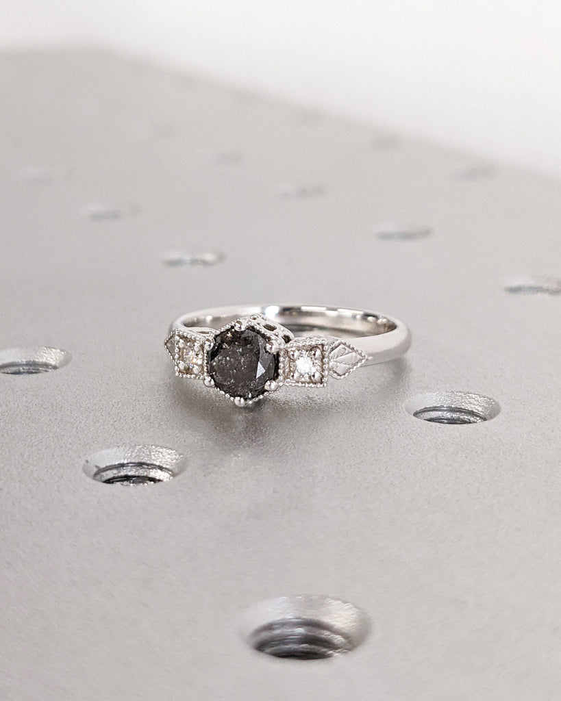 Galaxy Raw Salt and Pepper Diamond Ring- Round Cut Diamond Engagement Ring Sets- Unique Bridal Geometric Diamond Promise Ring Milgrain Band