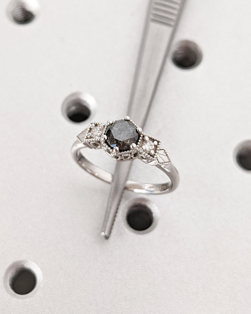 Galaxy Raw Salt and Pepper Diamond Ring- Round Cut Diamond Engagement Ring Sets- Unique Bridal Geometric Diamond Promise Ring Milgrain Band