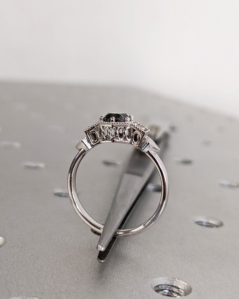 Galaxy Raw Salt and Pepper Diamond Ring- Round Cut Diamond Engagement Ring Sets- Unique Bridal Geometric Diamond Promise Ring Milgrain Band