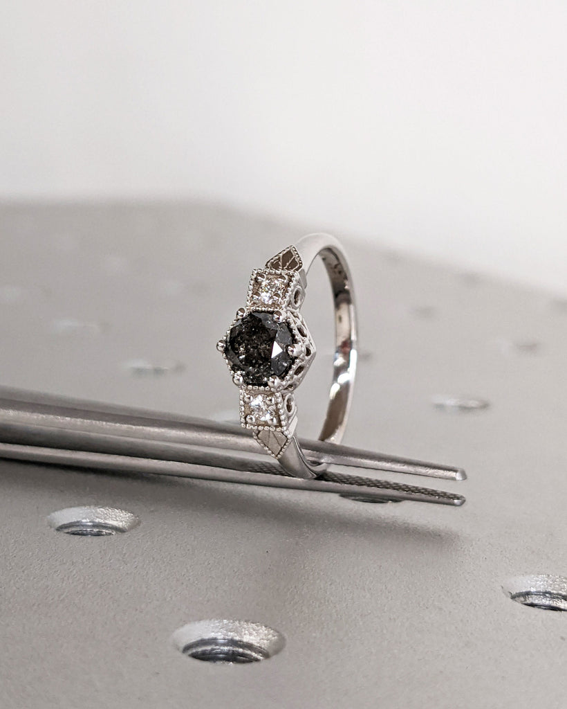 Galaxy Raw Salt and Pepper Diamond Ring- Round Cut Diamond Engagement Ring Sets- Unique Bridal Geometric Diamond Promise Ring Milgrain Band