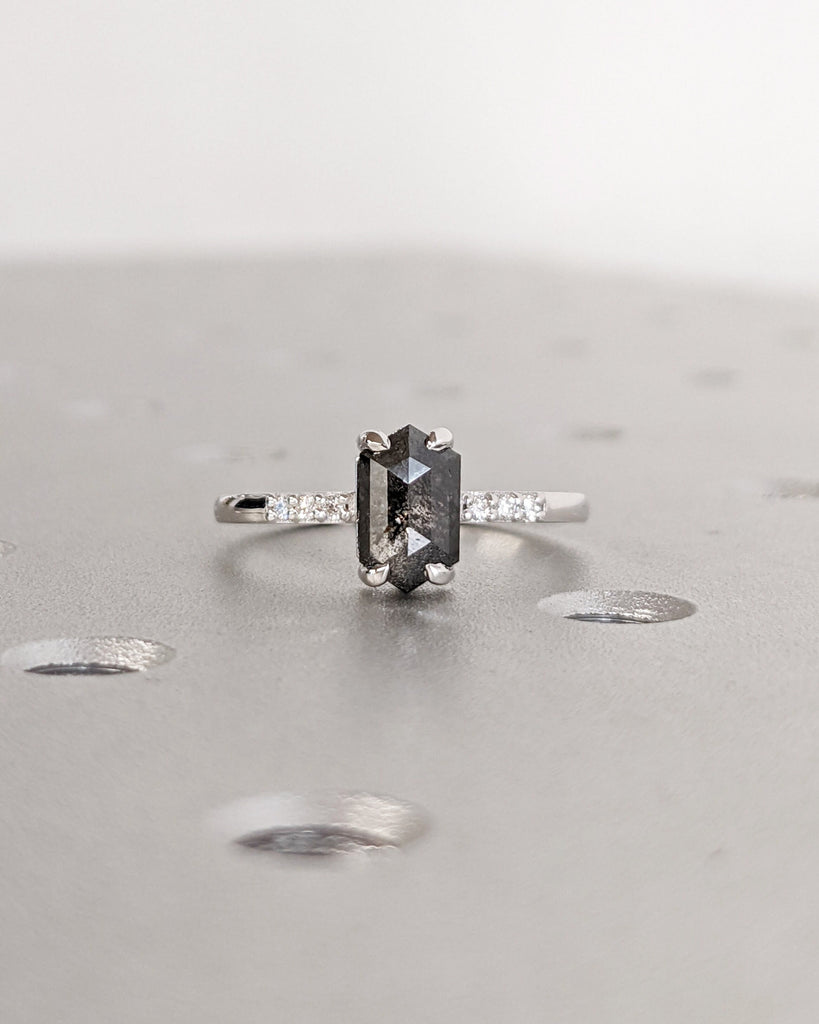 Galaxy Raw Salt and Pepper Diamond Ring- Hexagon Cut Diamond Engagement Ring- Unique Bridal Geometric Diamond Promise Ring- Half Eternity