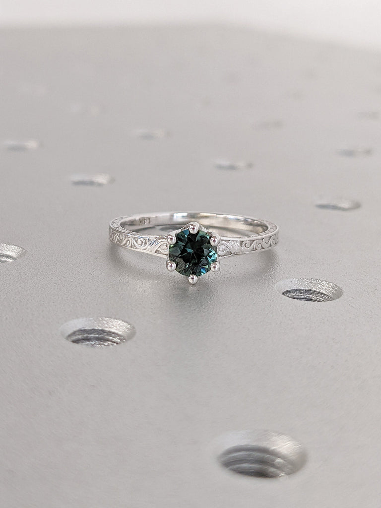 Round cut Natural Montana Teal Sapphire Solitaire Women Engagement Cocktail Ring | 14K 18K White Gold Vintage Filigree Ring Wedding Jewelry