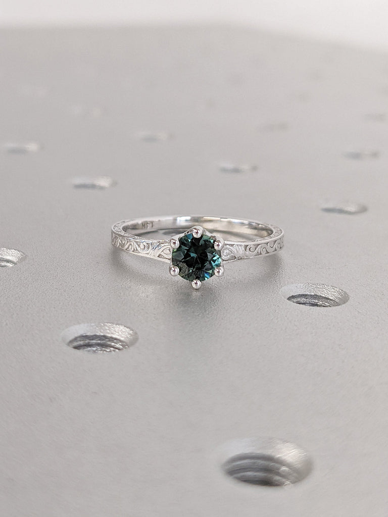 Natural Peacock Sapphire Solitaire Unique Art Deco Proposal Ring for Her | Solid Gold, Platinum Blue Green Gemstone Filigree Wedding Band