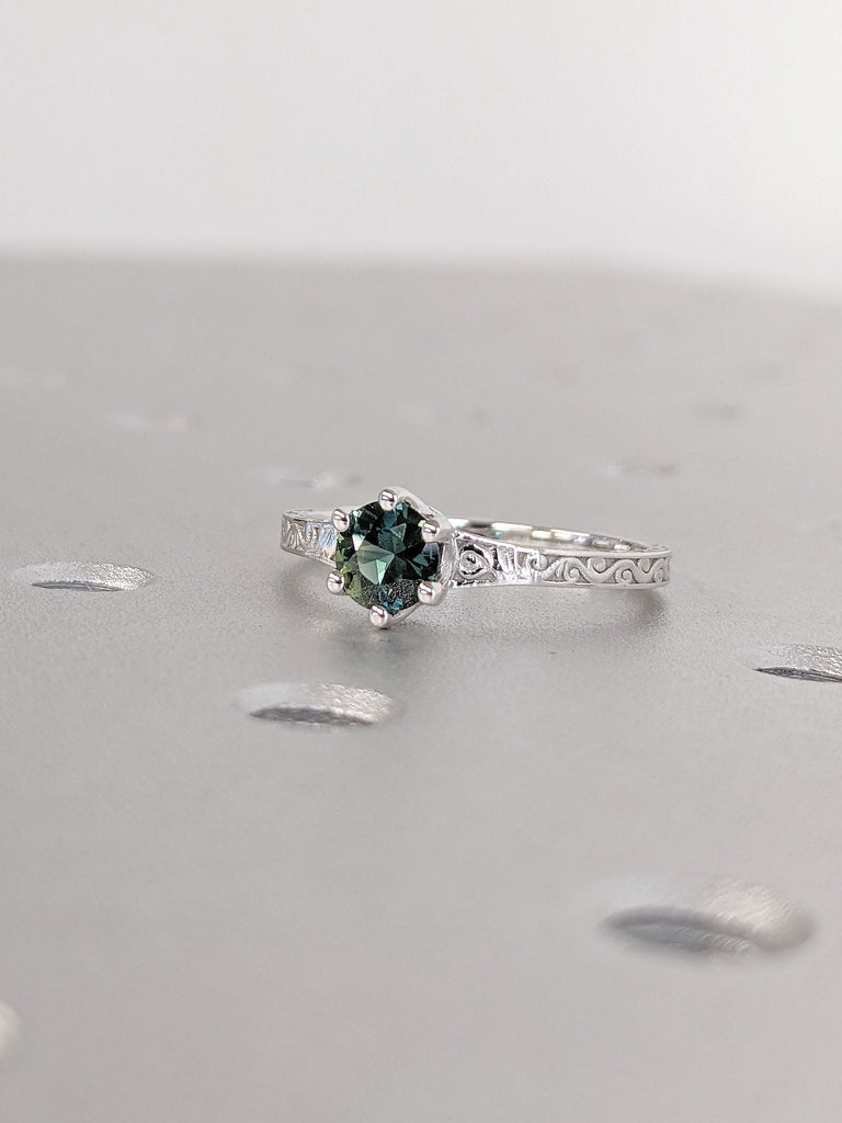 Round cut Natural Montana Teal Sapphire Solitaire Women Engagement Cocktail Ring | 14K 18K White Gold Vintage Filigree Ring Wedding Jewelry