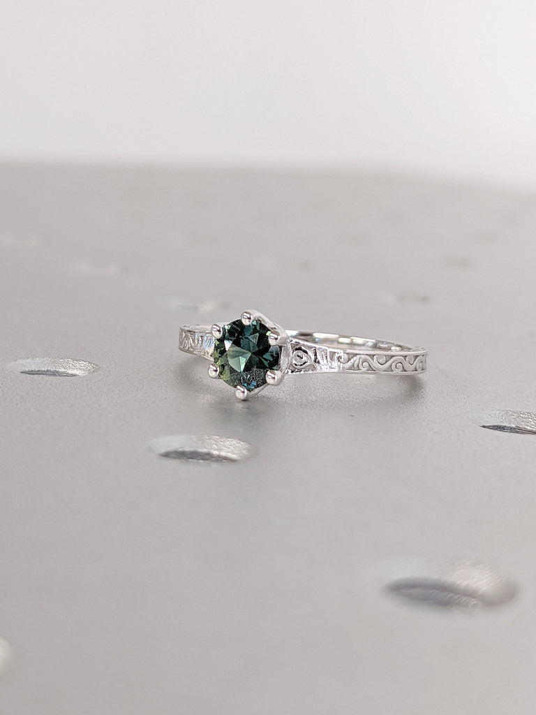 Natural Peacock Sapphire Solitaire Unique Art Deco Proposal Ring for Her | Solid Gold, Platinum Blue Green Gemstone Filigree Wedding Band