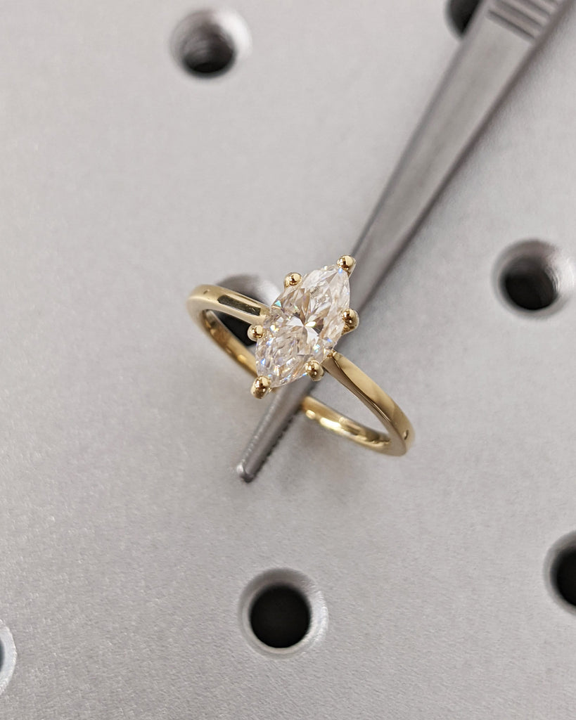 Marquise Engagement Ring, Marquise Moissanite Solitaire Engagement Ring, Wedding Ring, Anniversary Ring, 18K Solid Yellow Gold, Hidden Halo