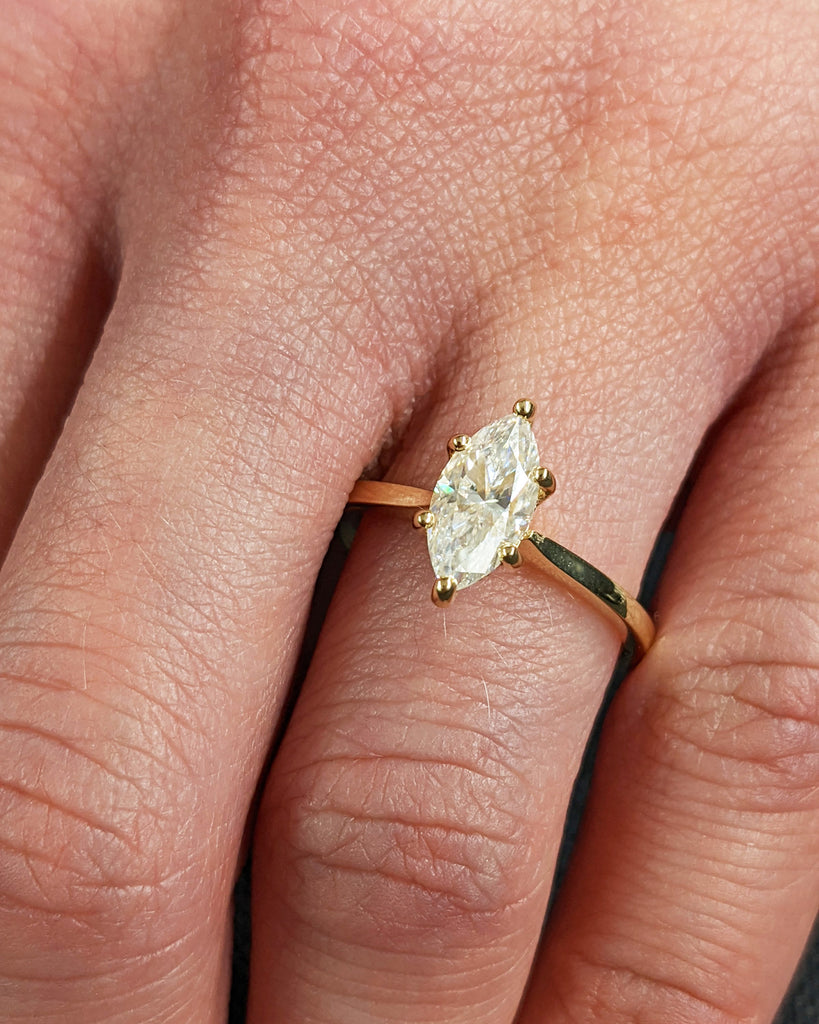 Marquise Engagement Ring, Marquise Moissanite Solitaire Engagement Ring, Wedding Ring, Anniversary Ring, 18K Solid Yellow Gold, Hidden Halo