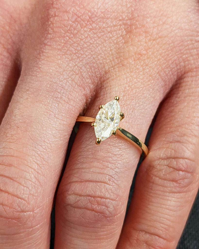 Marquise Engagement Ring, Marquise Moissanite Solitaire Engagement Ring, Wedding Ring, Anniversary Ring, 18K Solid Yellow Gold, Hidden Halo