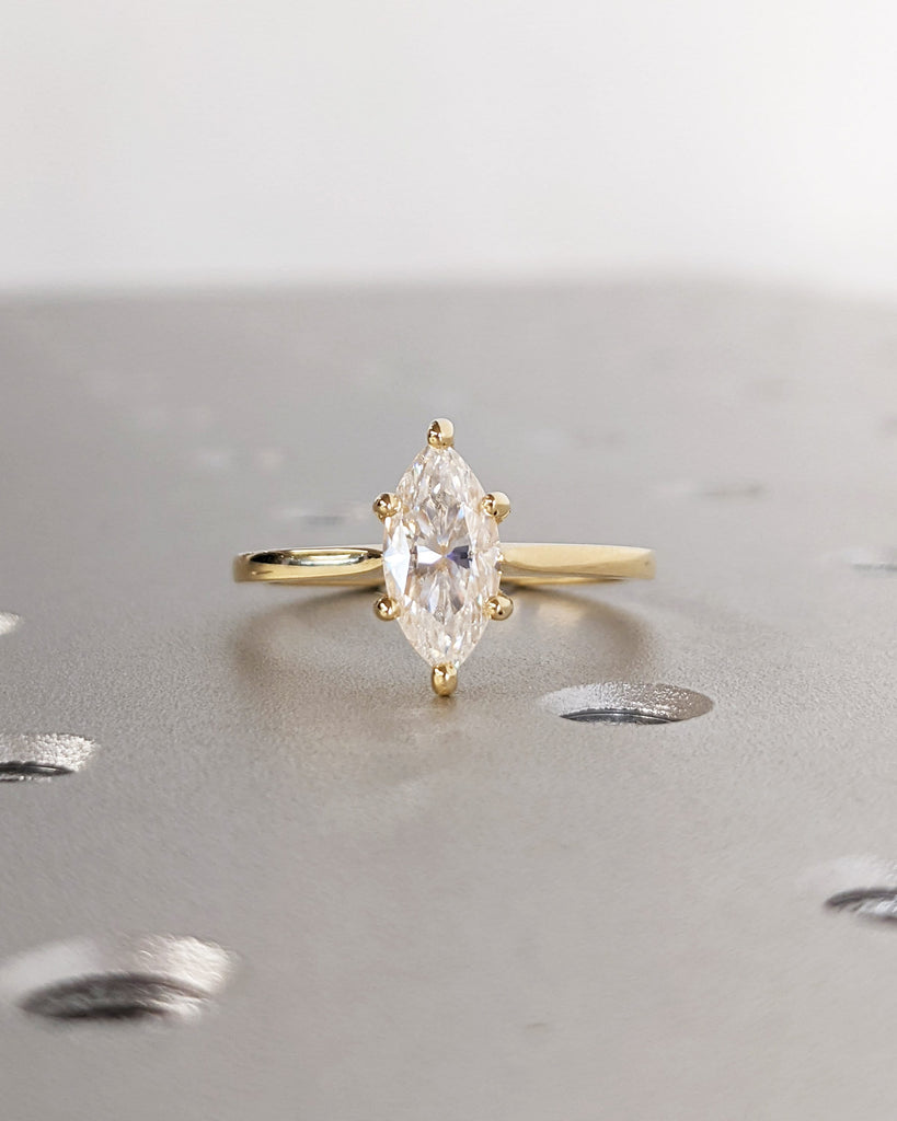 Marquise Cut Lab Diamond Solitaire Engagement Ring | 18K Yellow Gold Moissanite Hidden Halo Dainty Proposal Ring | Custom Wedding Jewelry