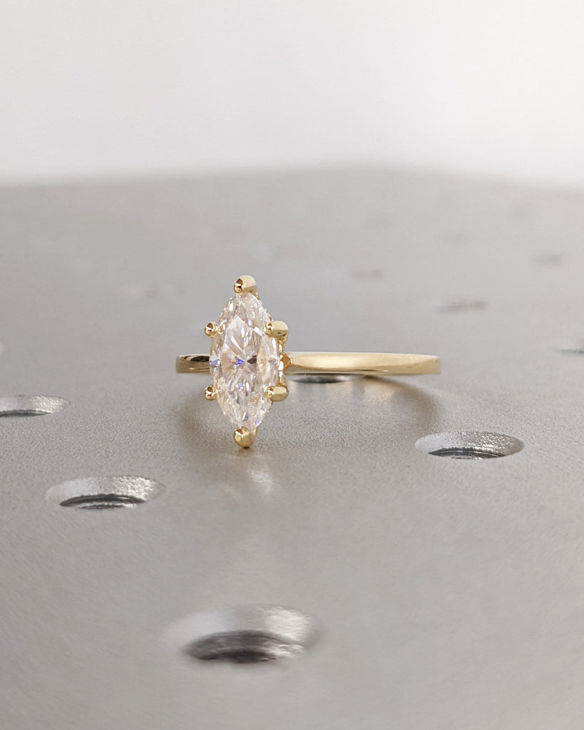 Marquise Cut Lab Diamond Solitaire Engagement Ring | 18K Yellow Gold Moissanite Hidden Halo Dainty Proposal Ring | Custom Wedding Jewelry