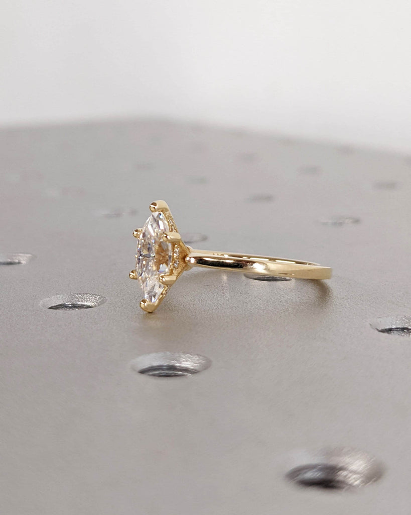 Marquise Engagement Ring, Marquise Moissanite Solitaire Engagement Ring, Wedding Ring, Anniversary Ring, 18K Solid Yellow Gold, Hidden Halo