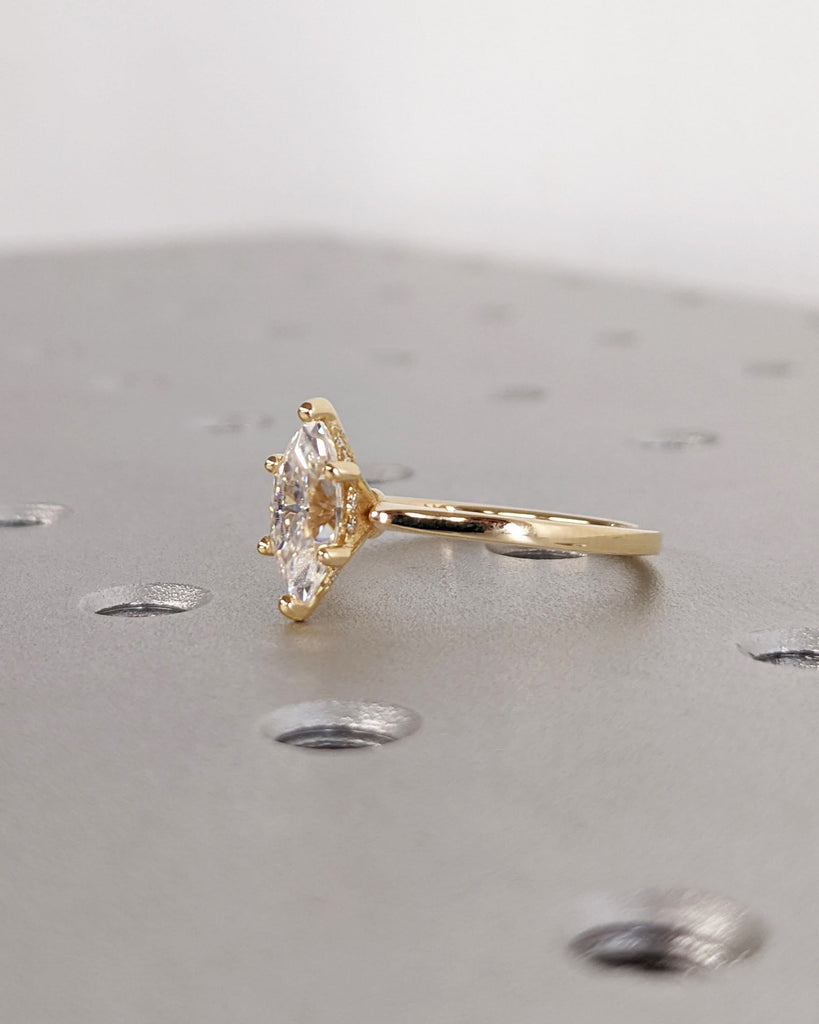 Marquise Cut Lab Diamond Solitaire Engagement Ring | 18K Yellow Gold Moissanite Hidden Halo Dainty Proposal Ring | Custom Wedding Jewelry