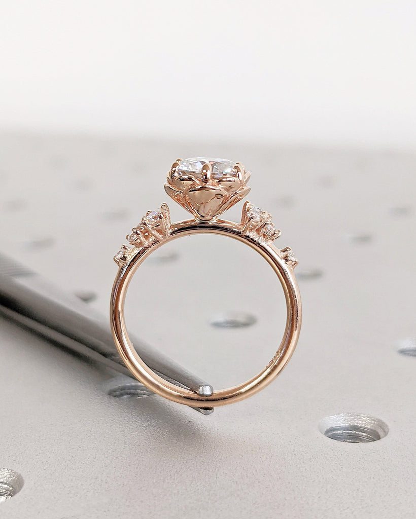 Bezel Set Round Moissanite Blooming Engagement Ring for Her | 14K 18K Rose Gold Snowdrift Diamond Proposal Ring | Floral Bridal Jewelry