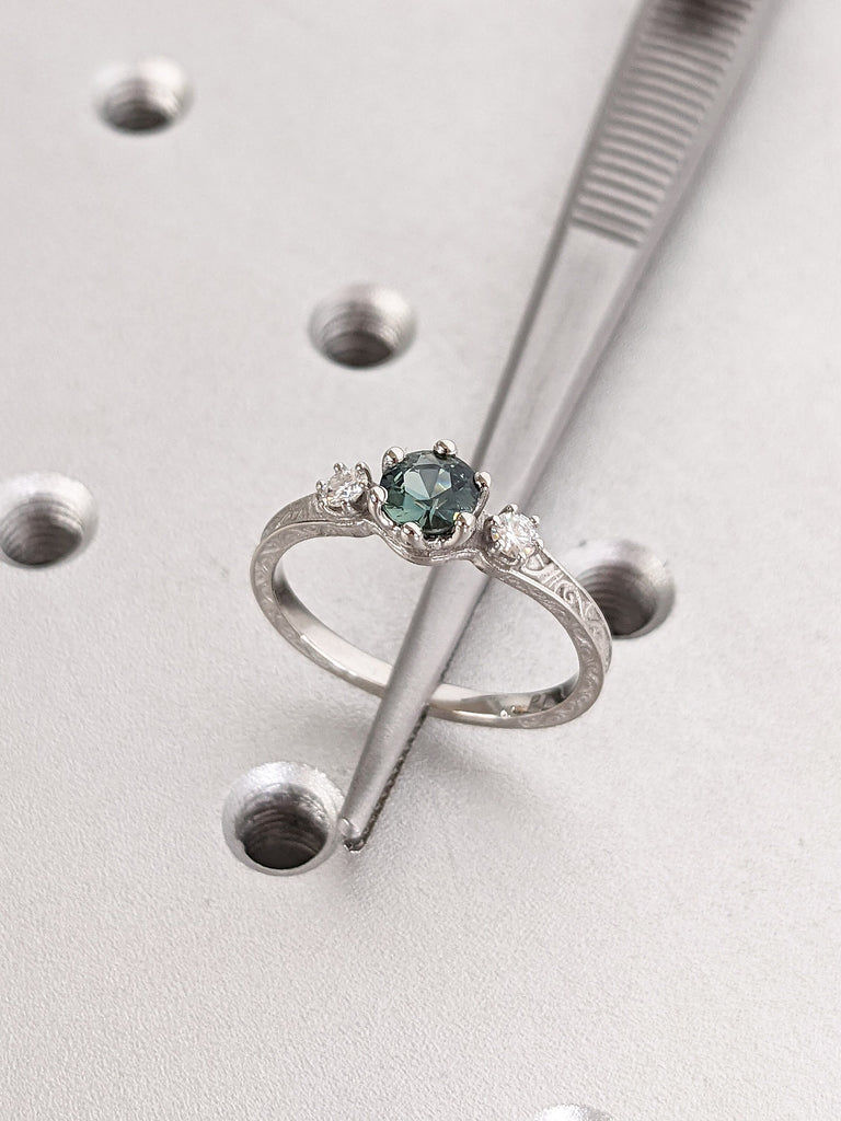 0.5ct Natural Blue Green Peacock Sapphire Unique Proposal Ring for Her. Platinum Round Diamond Promise Ring