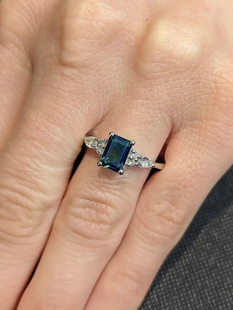 1ct Natural Blue Green Peacock Sapphire Engagement Proposal Ring | White Gold, Platinum, Multi Stone Diamond Cluster Promise Ring | Statement Cocktail Ring