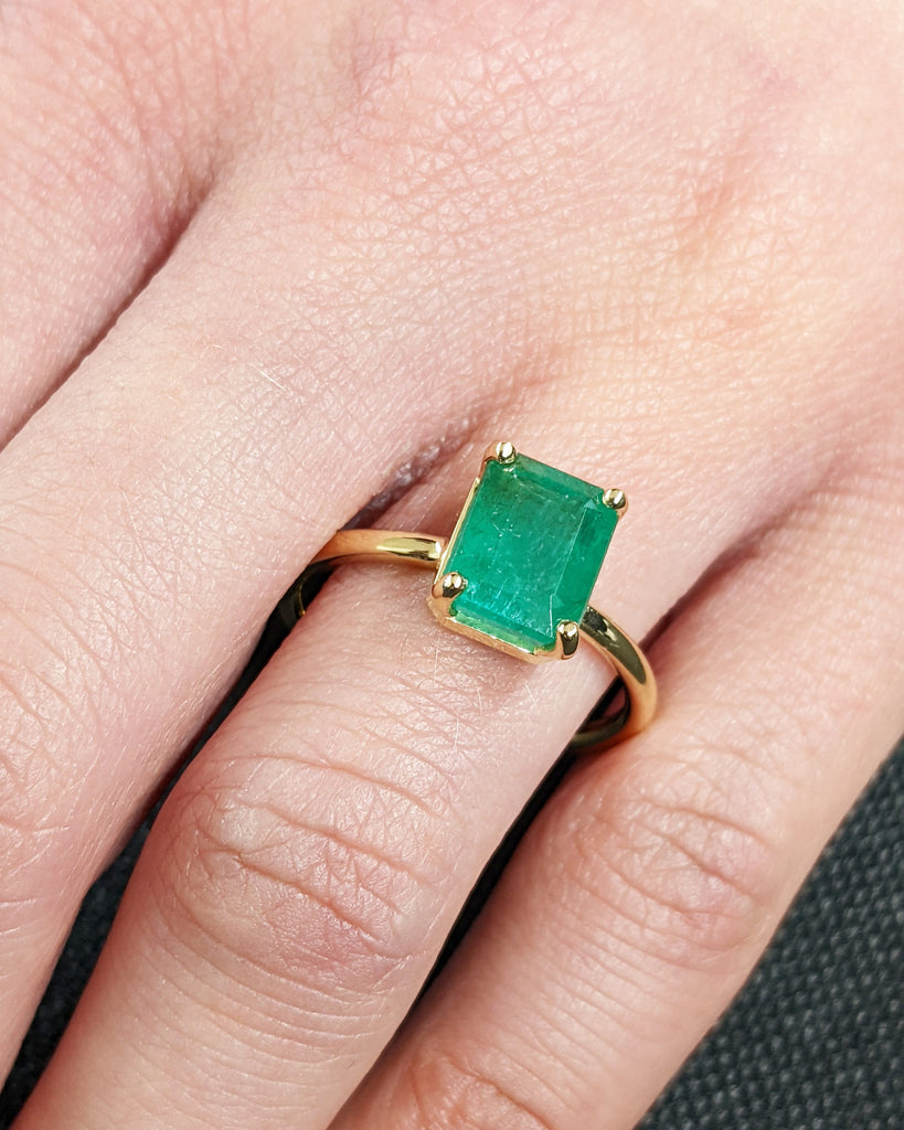 Low Profile Setting Emerald cut Lab Emerald Solitaire Engagement Ring | 14K 18K Yellow Gold Promise Ring for Her | Dainty Women Wedding Band