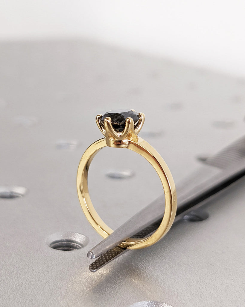 Salt and Pepper Engagement Ring | Brilliant Cut Solitaire Diamond Ring | Round Diamond Wedding Ring | Gold Engagement | 6 Prong | Minimalist