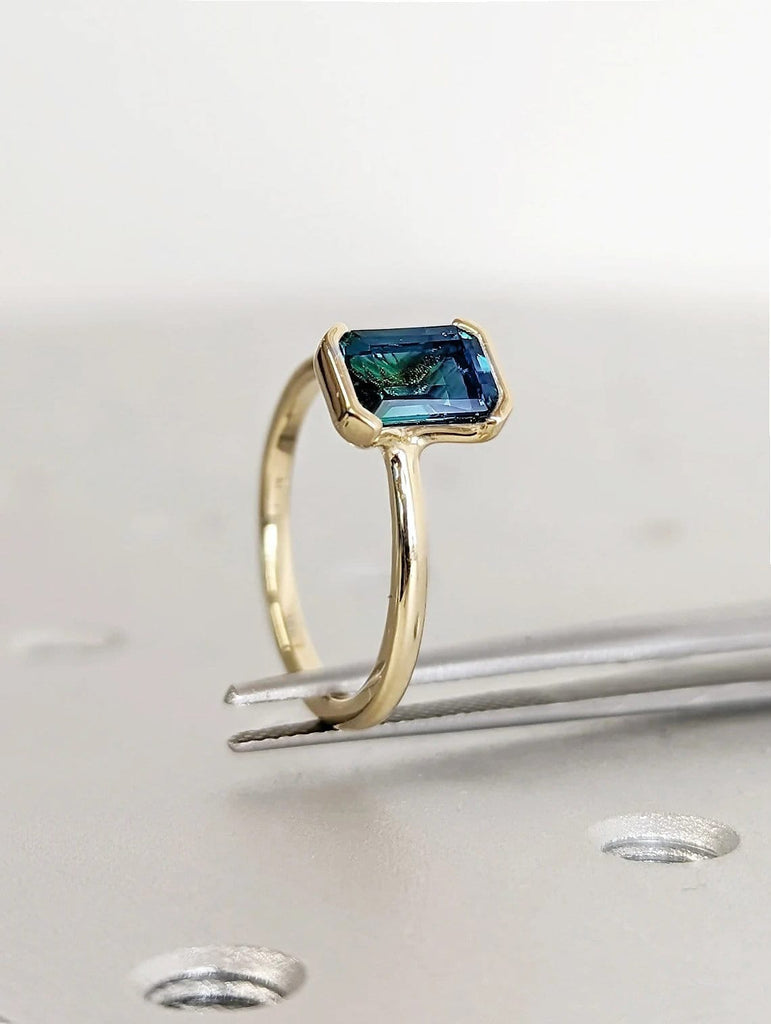 Bezel set Natural Montana Teal Sapphire Solitaire Women Engagement Cocktail Ring | Solid Yellow Gold Thin Wedding Band | Blue Green Gemstone