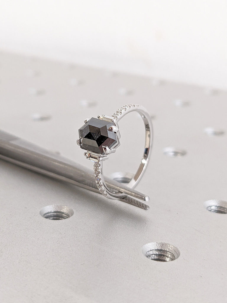14K White Gold Natural Salt and Pepper Diamond Unique Engagement Cocktail Ring for Her | Dainty Half Eternity Wedding Band Platinum Jewelry