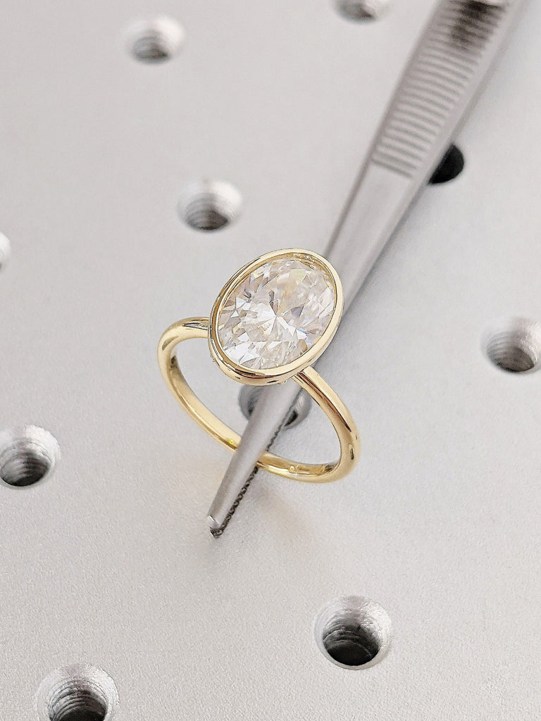 18K Yellow Gold Oval Moissanite Solitaire Women Engagement Proposal Ring | Timeless Gift for Her Bezel set Gemstone Minimalist Promise Ring