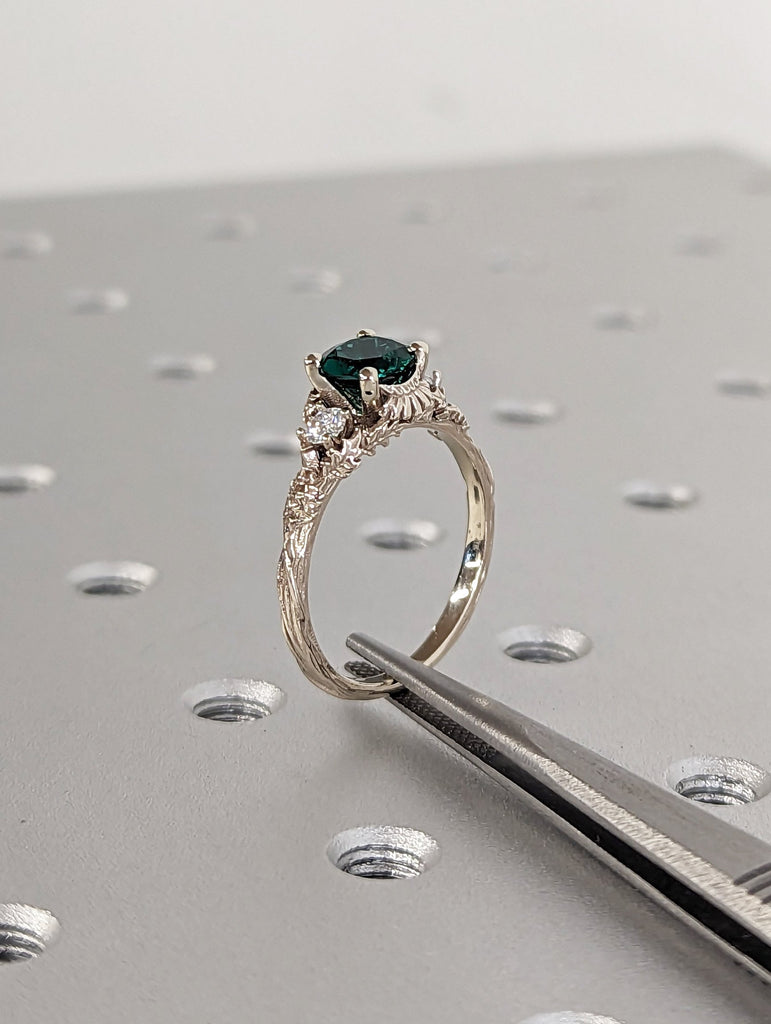 Nature Inspired Emerald Engagement Ring Leaves Band Round Moissanite Diamond Wedding Ring Leaf Vine Branch Alternative Engagement Ring Gold