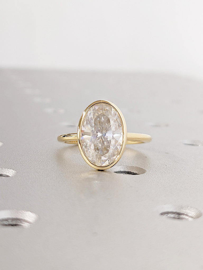 Bezel set Man Made Diamond Solitaire Engagement Ring for Her | Solid Yellow Gold Thin Wedding Band | Personalized Bridal Jewelry