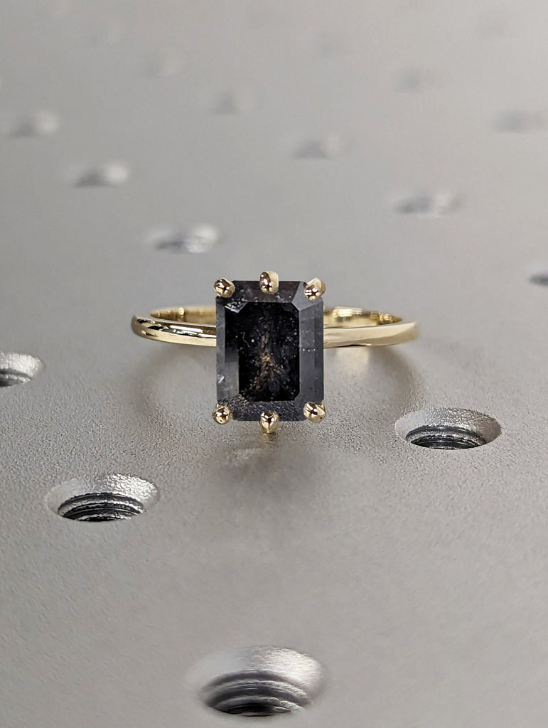 Galaxy Raw Salt and Pepper Diamond Ring- Emerald Cut Diamond Engagement Rings- Unique Bridal Geometric Diamond Promise Ring- Minimalist Ring