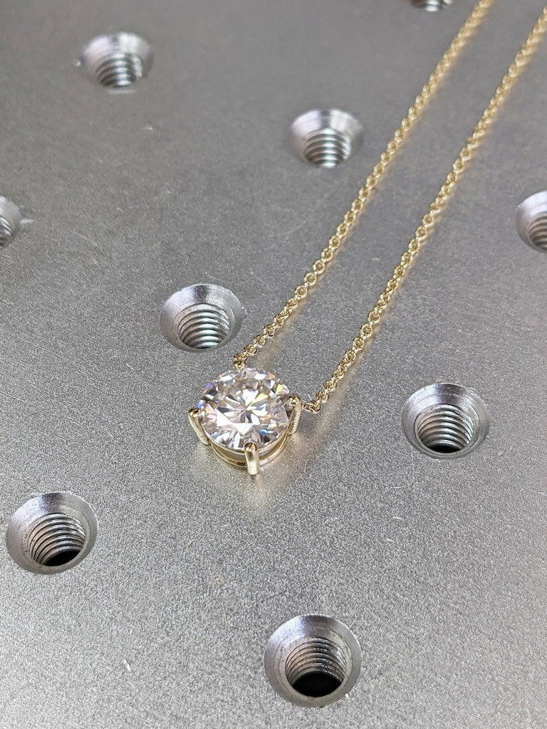 Attached Diamond on Chain, 14K Gold Diamond Necklace, Lab Grown Diamond Solitaire Necklace, Bridesmaid Necklace, Floating Diamond Solitaire