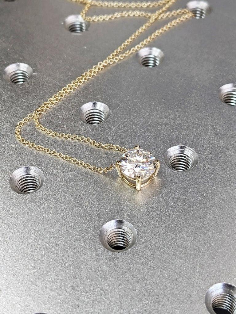 Attached Diamond on Chain, 14K Gold Diamond Necklace, Lab Grown Diamond Solitaire Necklace, Bridesmaid Necklace, Floating Diamond Solitaire