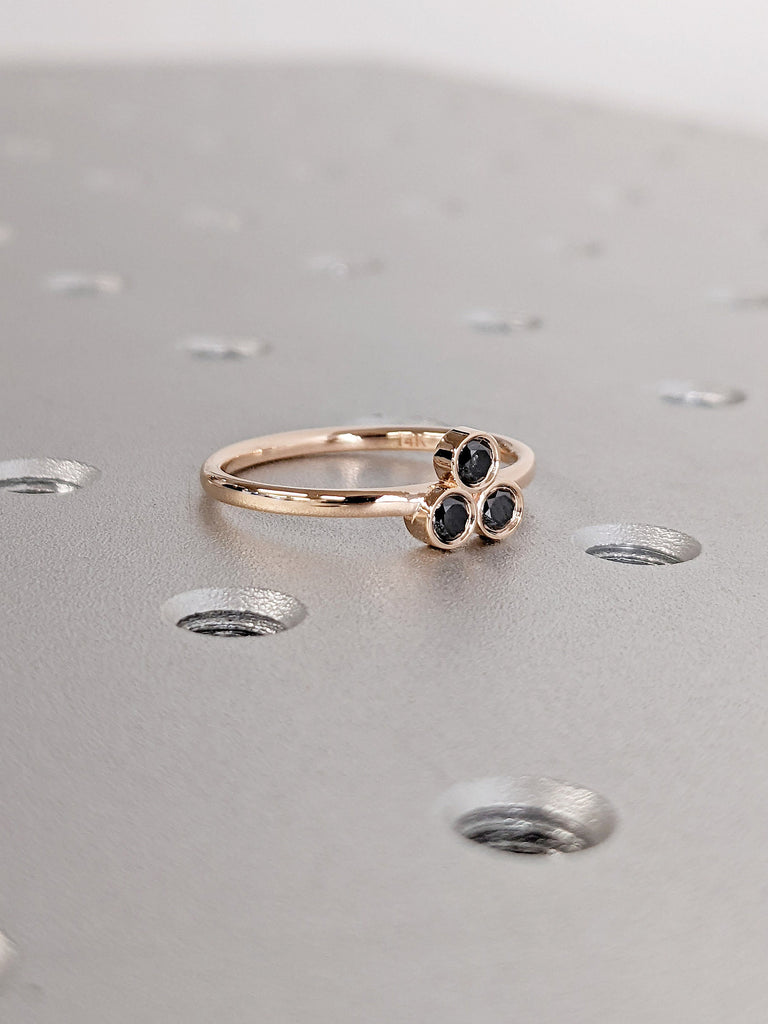 Bezel set Three Stone Natural Black Diamond Flower Petals Women Commitment Ring | Multi Stone Trinity Ring | Unique Anniversary Gift for Her