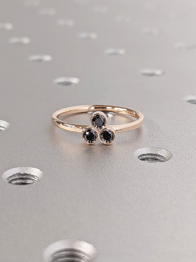 Bezel set Three Stone Natural Black Diamond Flower Petals Women Commitment Ring | Multi Stone Trinity Ring | Unique Anniversary Gift for Her