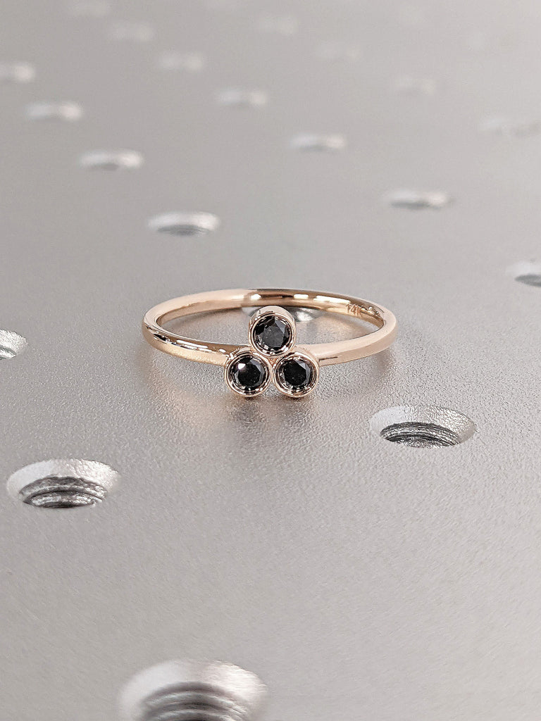 14K Rose Gold Floral Inspired Natural Black Diamonds Trio Wedding Ring | Round cut Diamond Cluster Dainty Promise Ring | Alternative Bridal