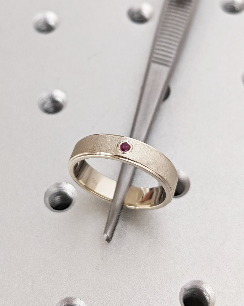 Ruby Men's Ring | 14K White Gold Men's Wedding Band With Ruby | 14K Gold Rough Faceted Men's Ring | 5mm Band | Custom Men's Engagement Ring