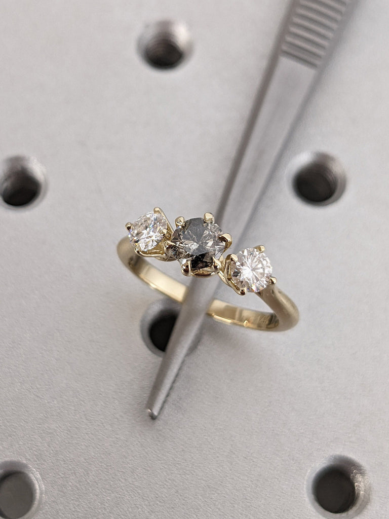 3 Stone Trilogy Round cut Salt and Pepper Galaxy Diamond Engagement Cocktail Ring | 14K 18K Yellow Gold Wedding Band Bridal Jewelry for Her