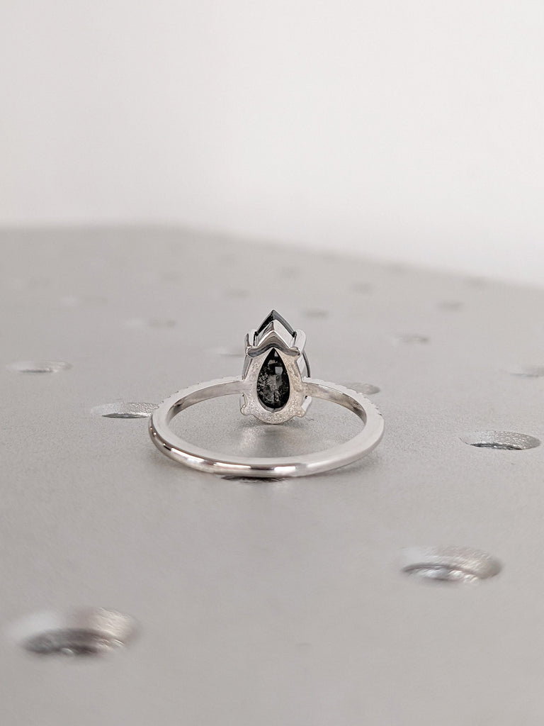 Tear Drop Natural Salt and Pepper Grey Diamond Women Engagement Cocktail Ring | Solid White Gold, Platinum Diamond Eternity Wedding Band