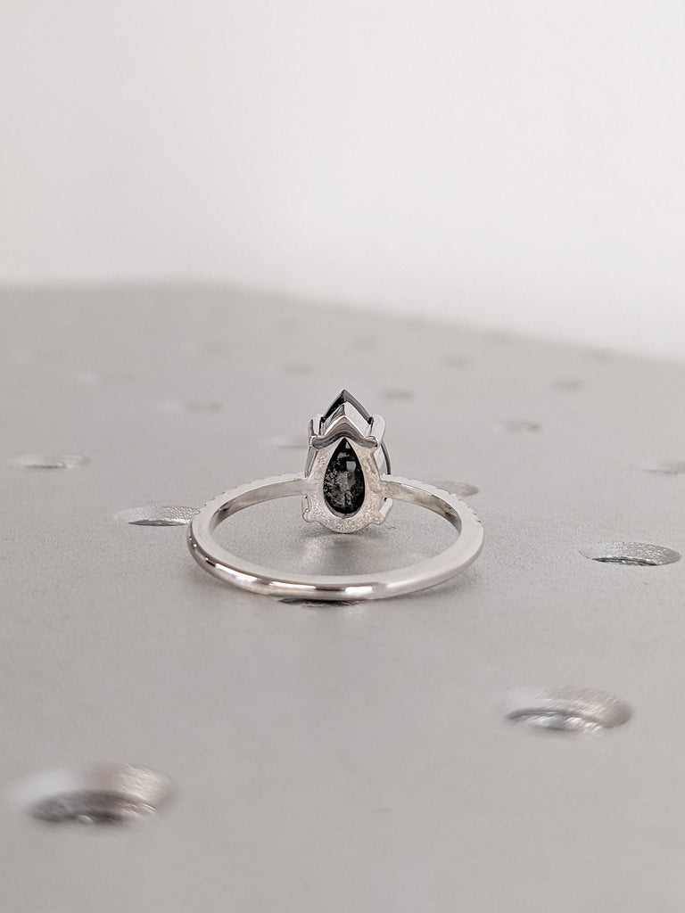 Pear cut Icy Salt and Pepper Galaxy Diamond Unique Proposal Ring for Her | 14K 18K Gold Talon Prong Solitaire Ring | Alternative Bridal