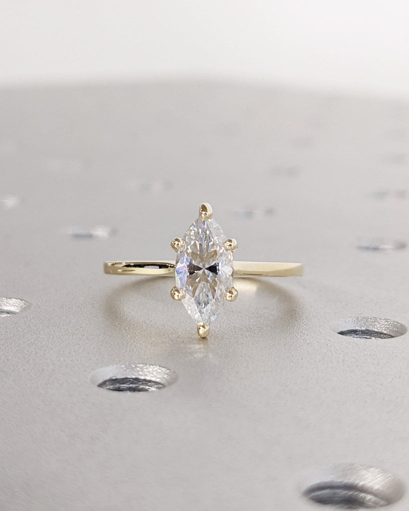 Hidden Halo Engagement Ring, Solitaire Marquise Cut Moissanite Anniversary Ring, Unique Bridal Wedding Proposal, 14K Solid Gold Ring For Her