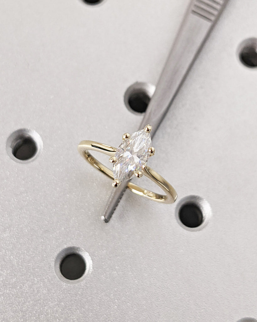 Hidden Halo Engagement Ring, Solitaire Marquise Cut Moissanite Anniversary Ring, Unique Bridal Wedding Proposal, 14K Solid Gold Ring For Her