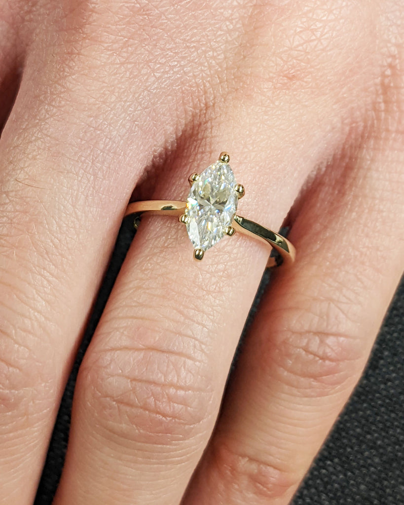 Hidden Halo Engagement Ring, Solitaire Marquise Cut Moissanite Anniversary Ring, Unique Bridal Wedding Proposal, 14K Solid Gold Ring For Her