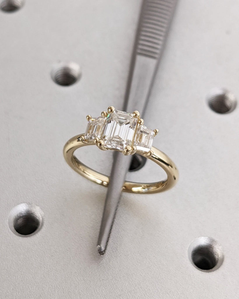 Three Stone Emerald Cut Lab Grown Diamond Engagement Ring, Side Trapezoid Moissanite, Three Stone Engagement Ring, Trellis Set Diamond Ring