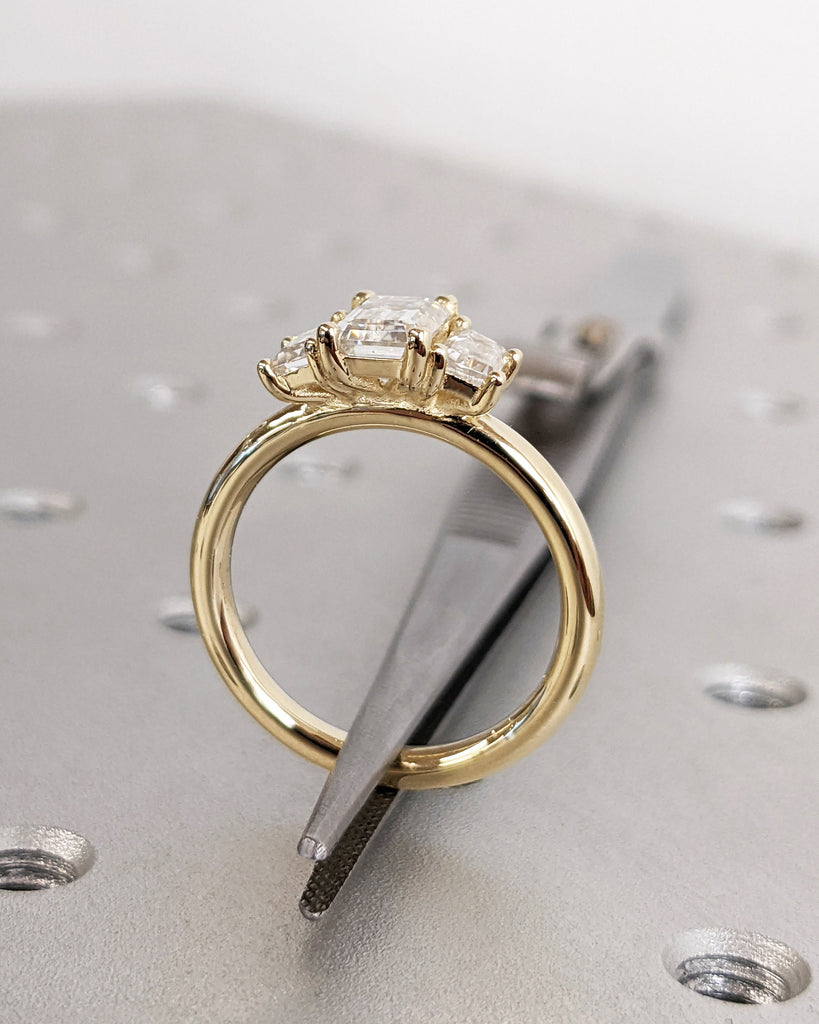 Three Stone Emerald Cut Lab Grown Diamond Engagement Ring, Side Trapezoid Moissanite, Three Stone Engagement Ring, Trellis Set Diamond Ring