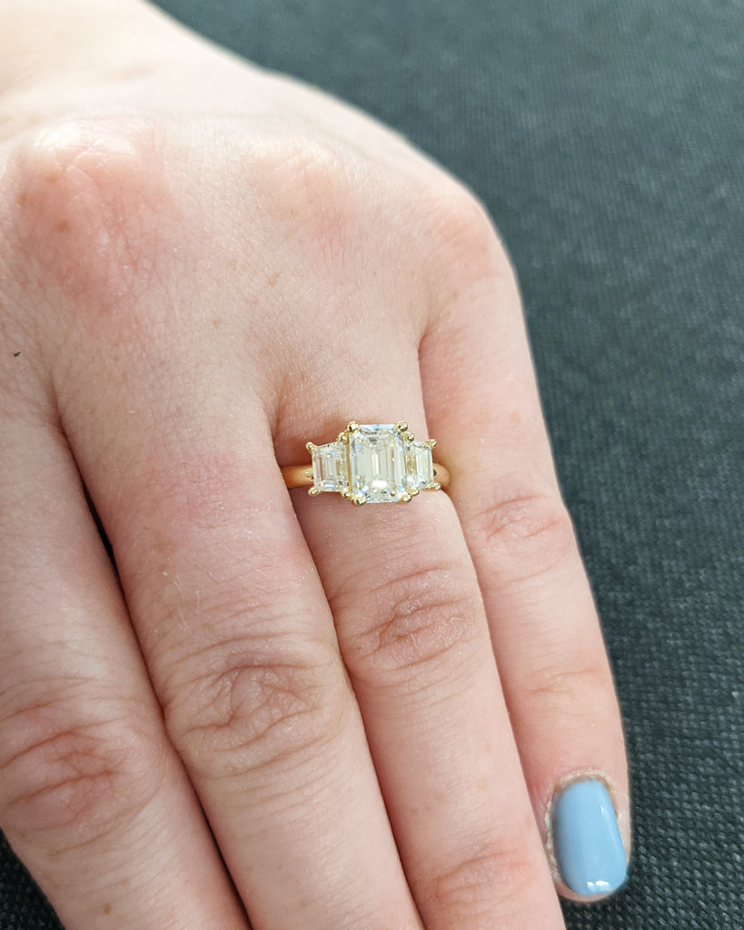 Three Stone Emerald Cut Lab Grown Diamond Engagement Ring, Side Trapezoid Moissanite, Three Stone Engagement Ring, Trellis Set Diamond Ring