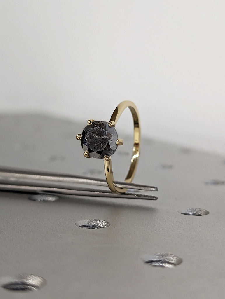 Galaxy Raw Salt and Pepper Diamond Ring- Round Cut Diamond Engagement Rings- Unique Bridal Geometric Diamond Promise Ring- Minimalist Ring