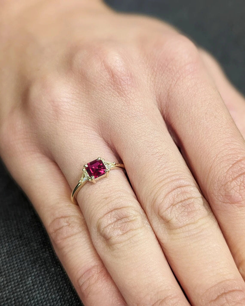 July Birthstone Red Lab Grown Ruby Unique Proposal Ring | 14K 18K Solid Gold | Triangle Moissanite Wedding Anniversary Ring | Gift for Her