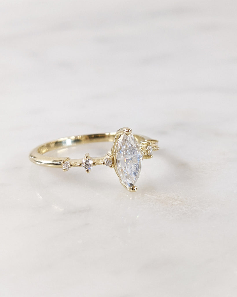 Unique Dainty Minimalist 14K Yellow Gold Marquise White Moissanite Promise Ring / Small Delicate Womens Gold Engagement Ring / Gift For Her