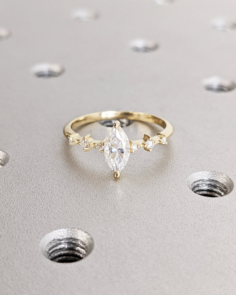 Vintage Lab Diamond Engagement Ring / Dainty 14K Yellow Gold Engagement Ring / Unique Cluster Ring Round Cut Bridal Promise Anniversary Ring