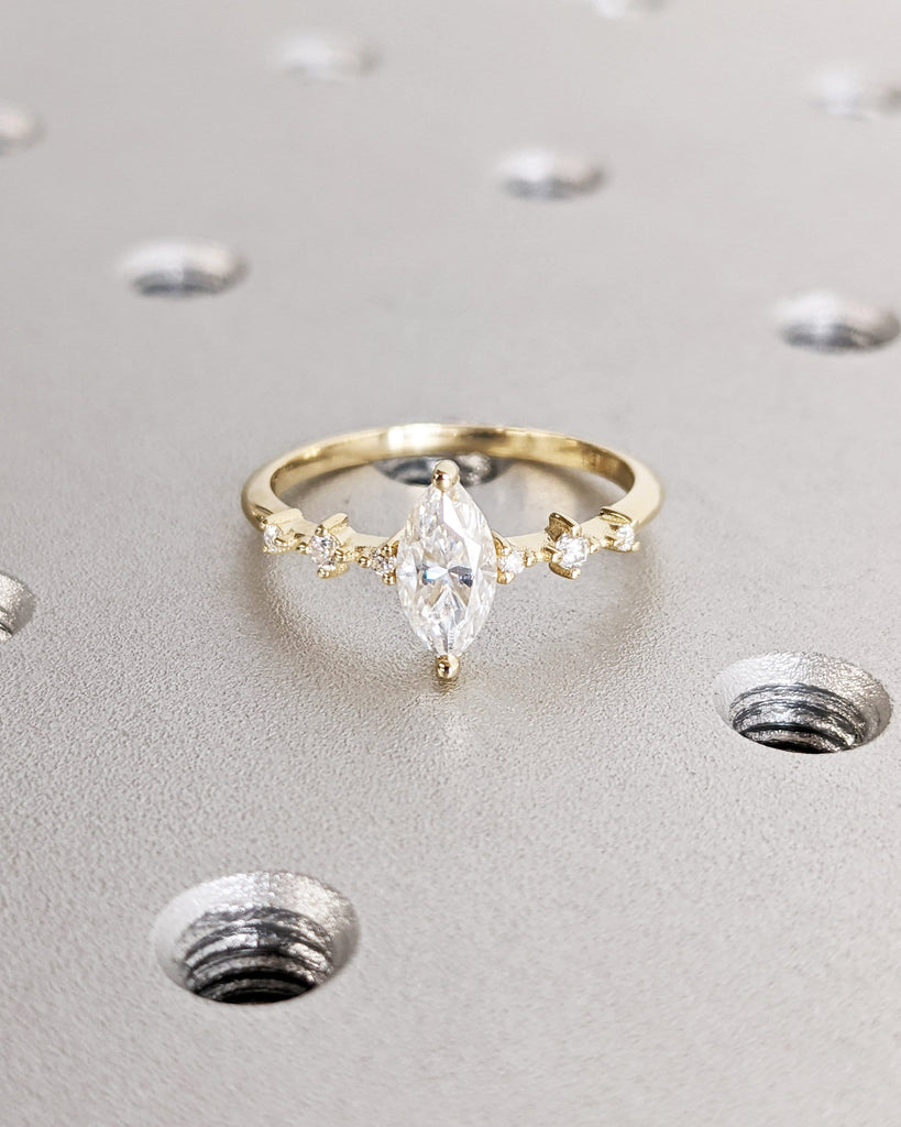 Vintage Moissanite Engagement Ring / Dainty 14K Yellow Gold Engagement Ring / Unique Cluster Ring Round Cut Bridal Promise Anniversary Ring