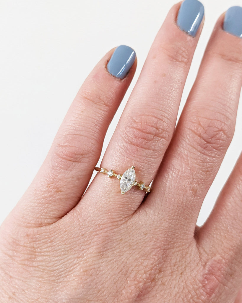 Unique Dainty Minimalist 14K Yellow Gold Marquise White Lab Grown Diamond Promise Ring For Her / Small Delicate Womens Gold Engagement Ring